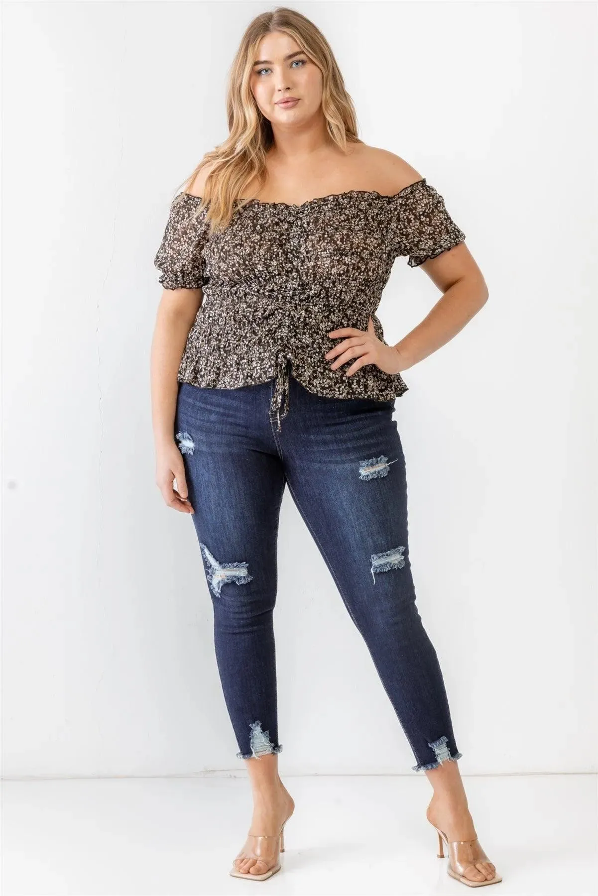 Plus Size Black Floral Chiffon Ruched Smocked Off-The-Shoulder Top