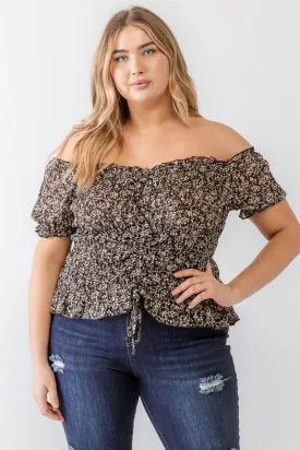 Plus Size Black Floral Chiffon Ruched Smocked Off-The-Shoulder Top