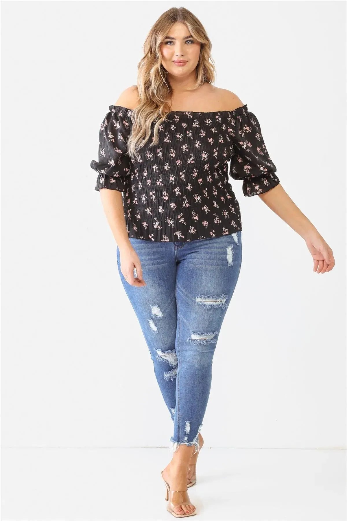 Plus Size Floral Ruched Off-The-Shoulder Puff Sleeve Top