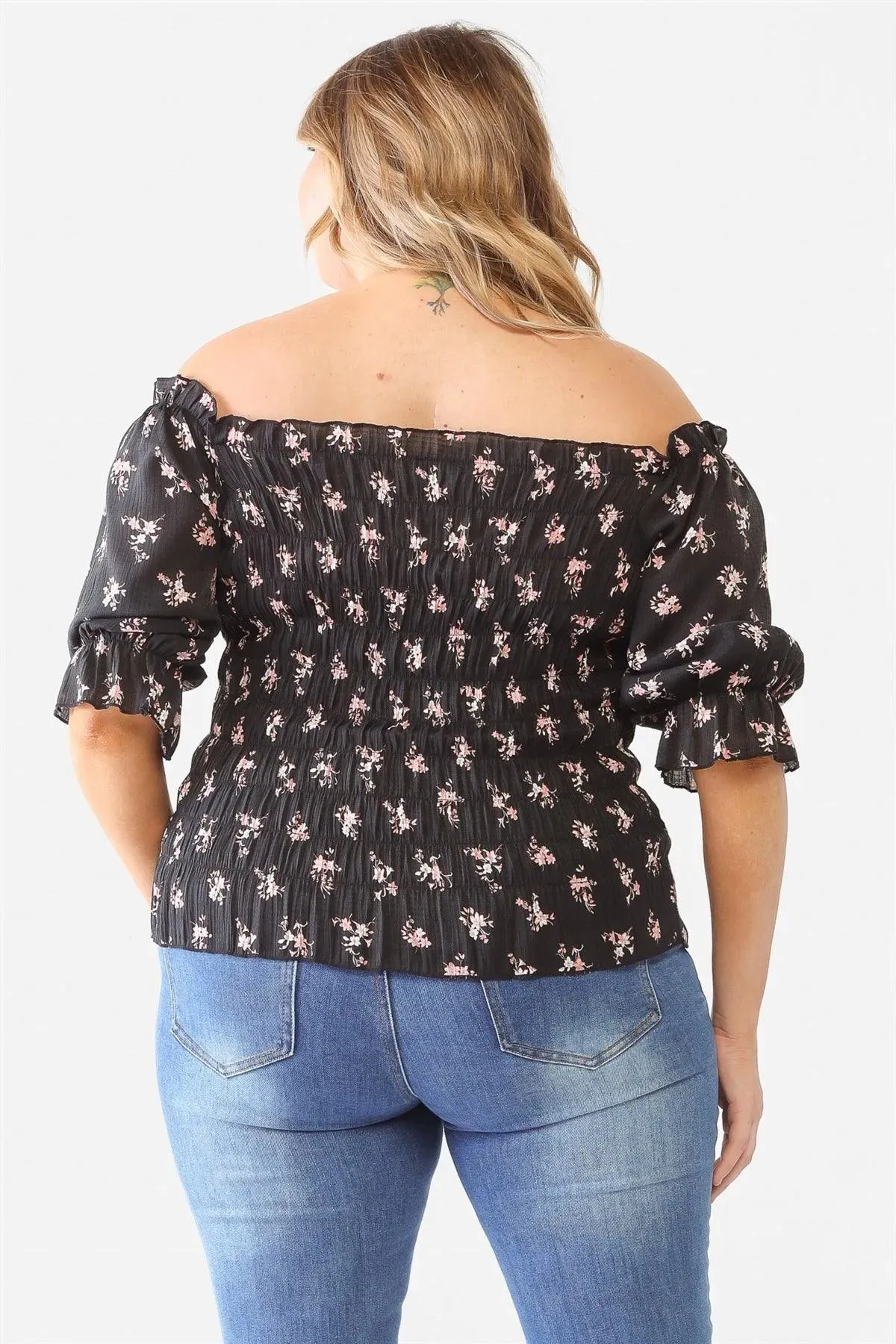Plus Size Floral Ruched Off-The-Shoulder Puff Sleeve Top