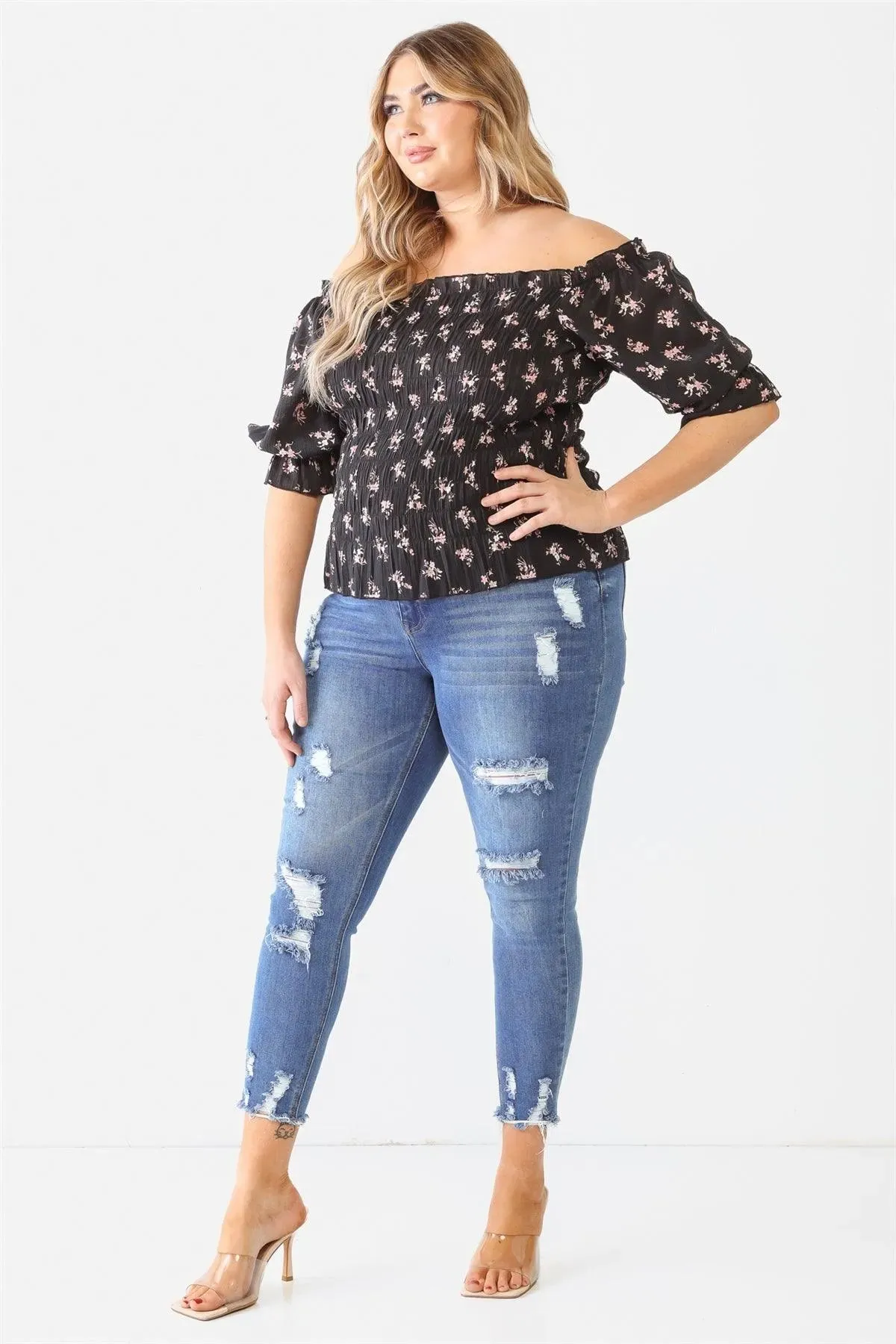 Plus Size Floral Ruched Off-The-Shoulder Puff Sleeve Top