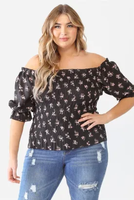 Plus Size Floral Ruched Off-The-Shoulder Puff Sleeve Top