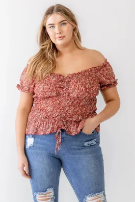 Plus Size Red Floral Chiffon Ruched Smocked Off-The-Shoulder Top /1-1-1