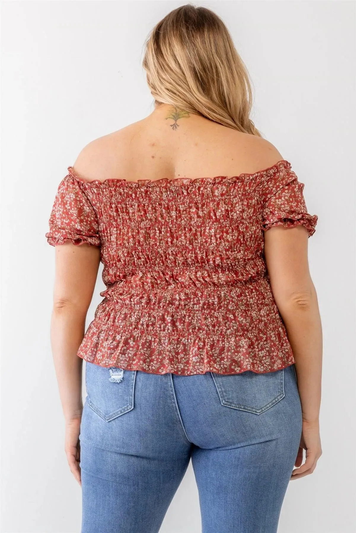 Plus Size Red Floral Chiffon Ruched Smocked Off-The-Shoulder Top /1-1-1