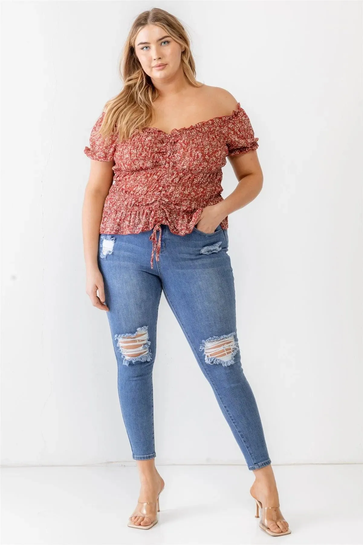 Plus Size Red Floral Chiffon Ruched Smocked Off-The-Shoulder Top /1-1-1