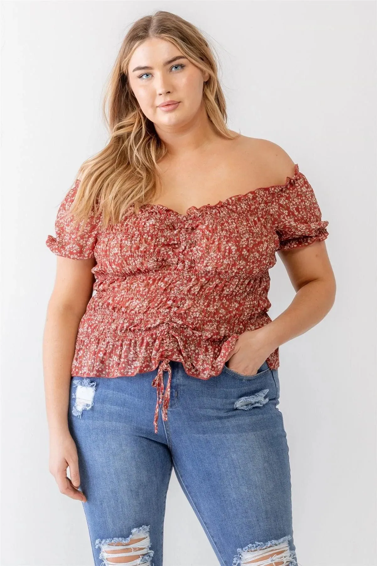 Plus Size Red Floral Chiffon Ruched Smocked Off-The-Shoulder Top /1-1-1