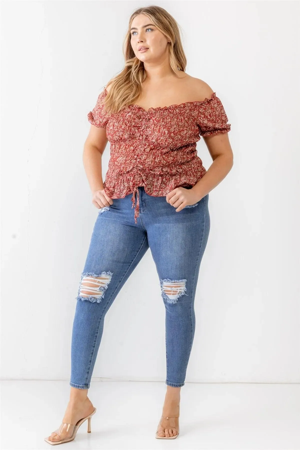Plus Size Red Floral Chiffon Ruched Smocked Off-The-Shoulder Top /1-1-1
