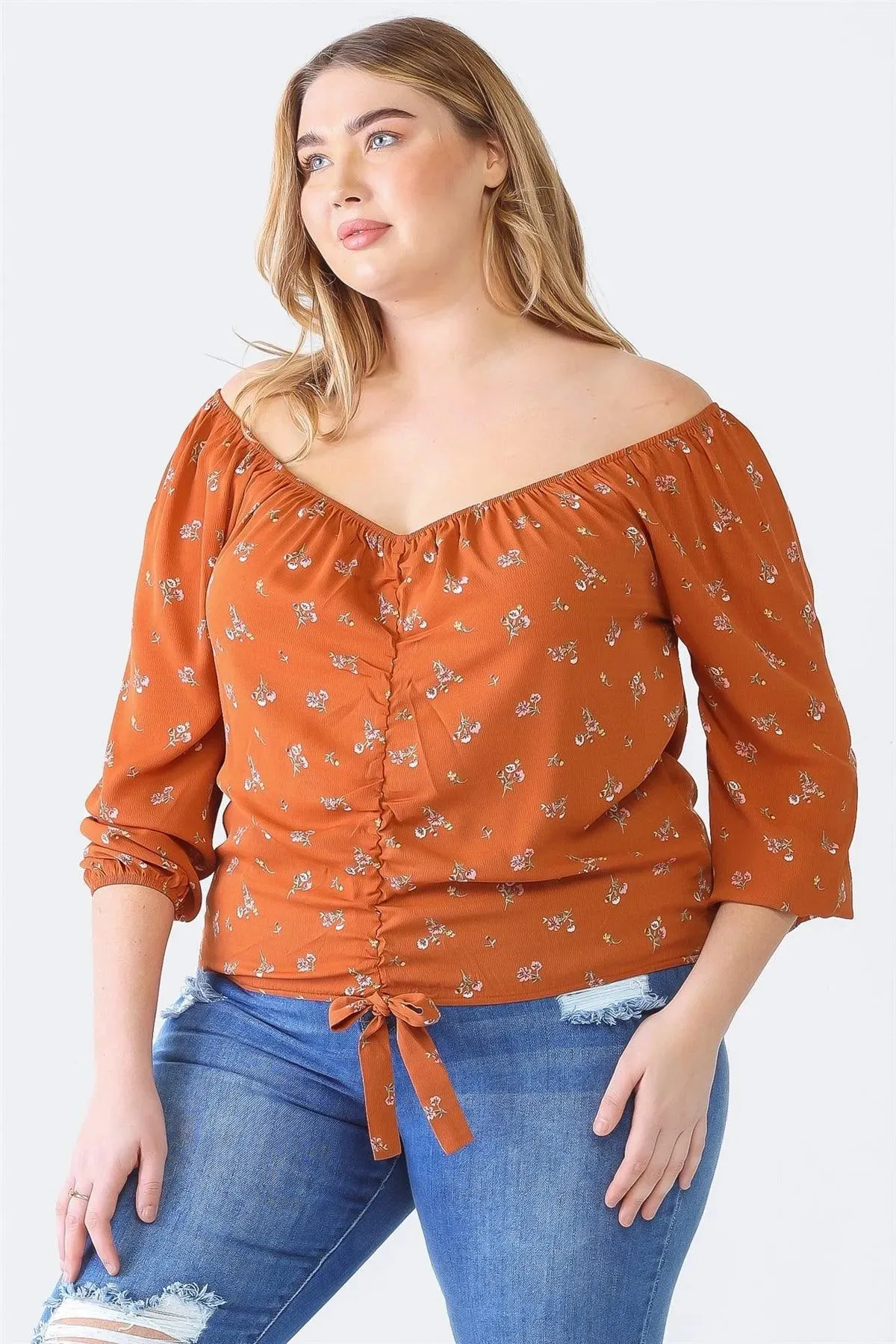 Plus Size Rust Floral Off-The-Shoulder Ruched Top