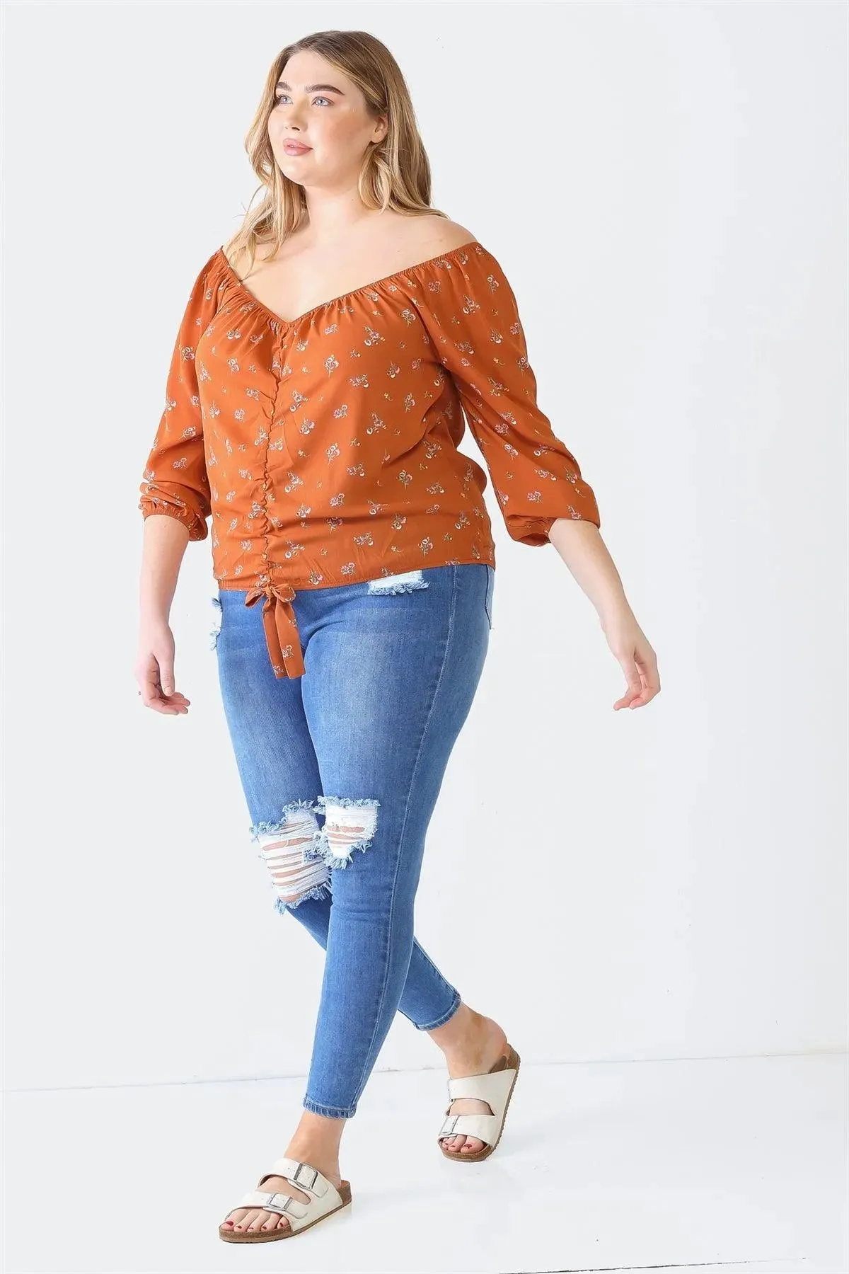 Plus Size Rust Floral Off-The-Shoulder Ruched Top