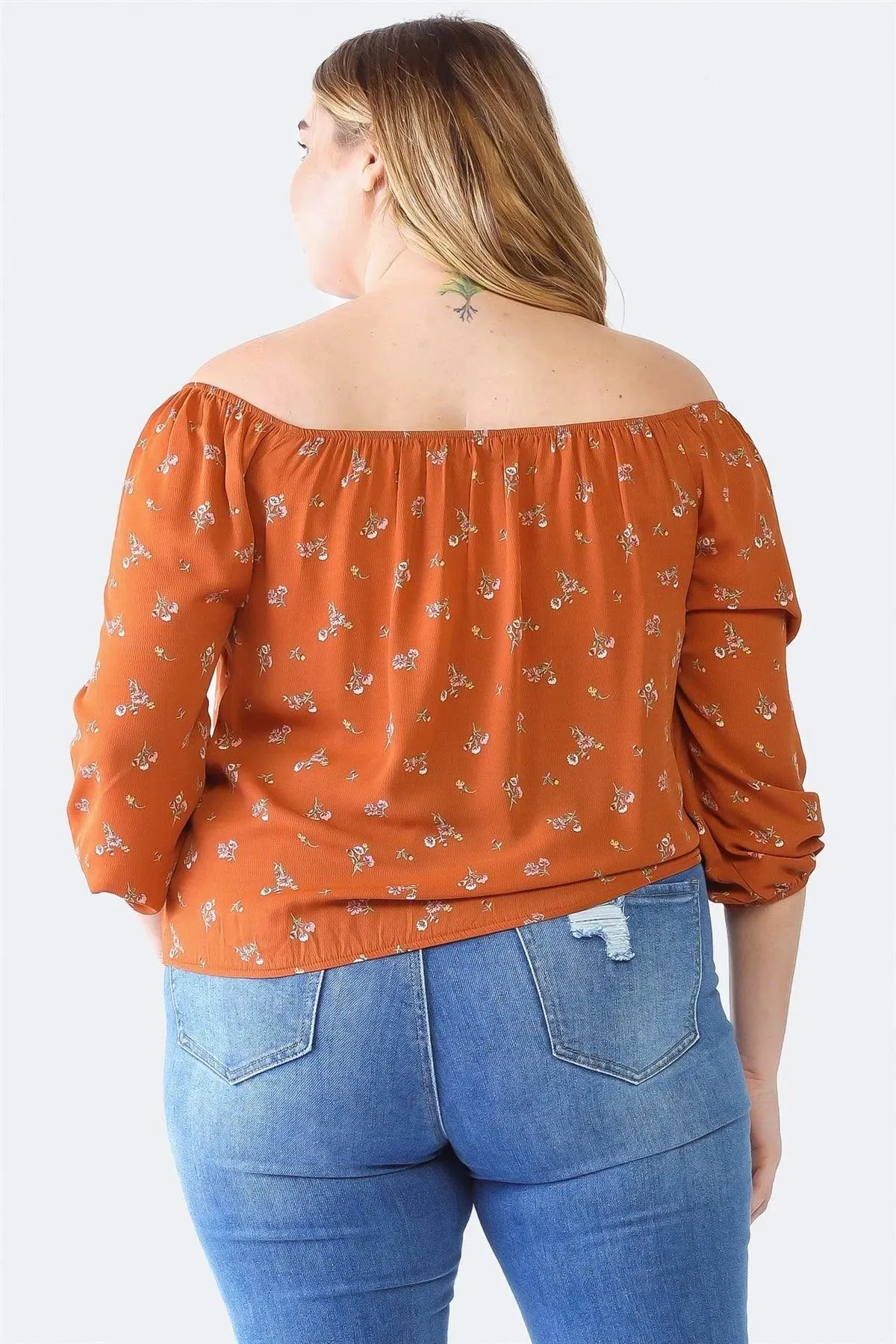 Plus Size Rust Floral Off-The-Shoulder Ruched Top