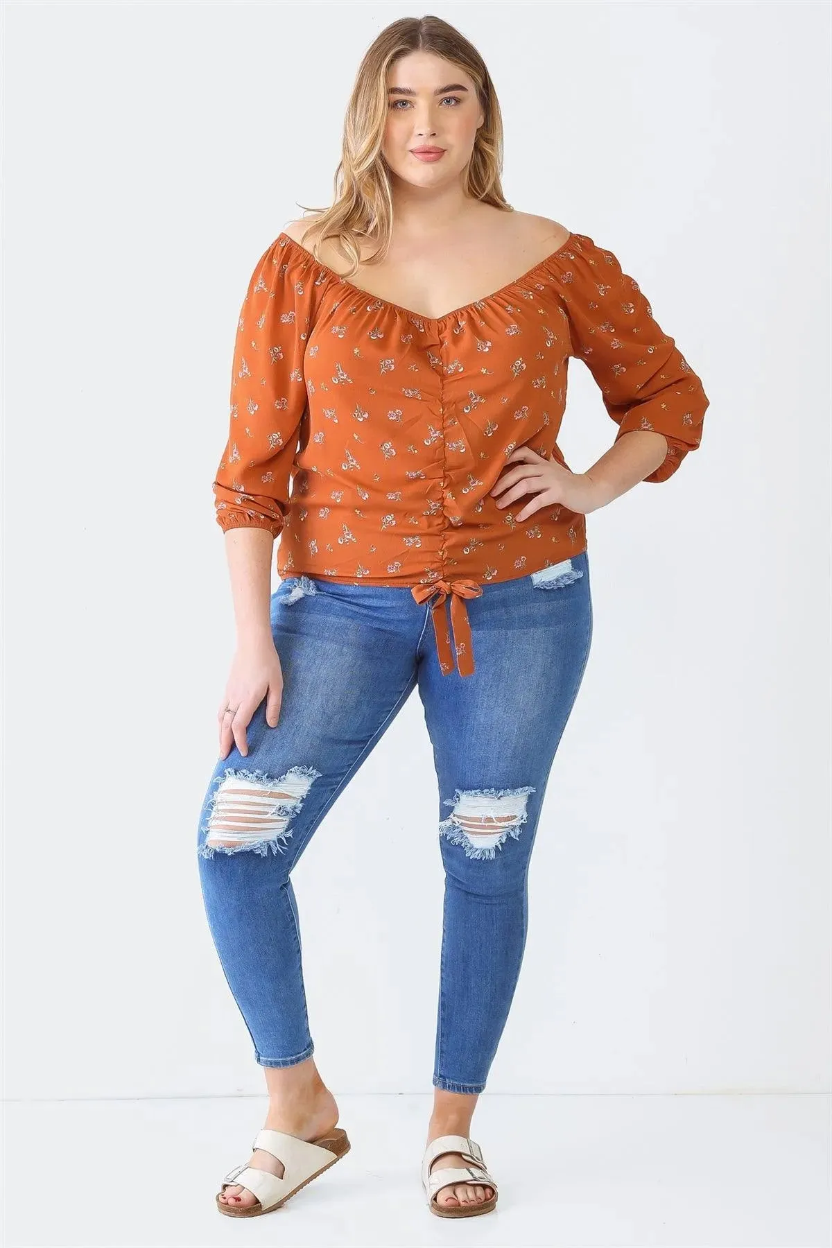 Plus Size Rust Floral Off-The-Shoulder Ruched Top