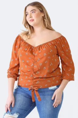 Plus Size Rust Floral Off-The-Shoulder Ruched Top
