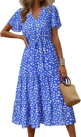 PRETTYGARDEN Summer Floral Dress for Women 2025 Casual Boho Short Sleeve Maxi Dresses V Neck Tiered Flowy Beach Sundress