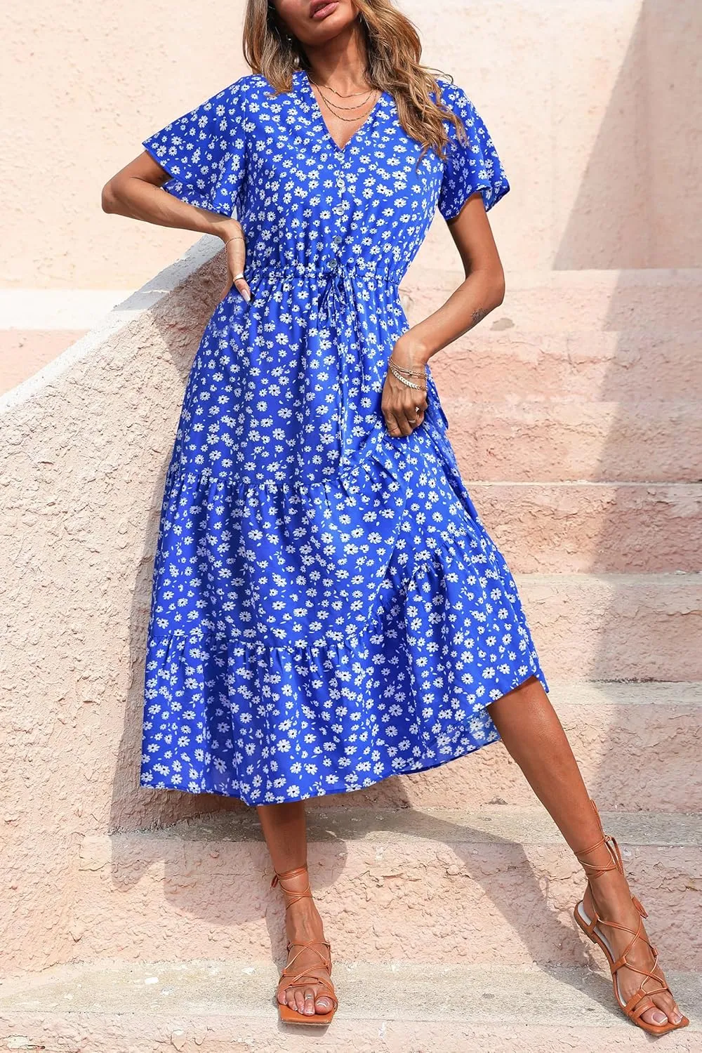 PRETTYGARDEN Summer Floral Dress for Women 2025 Casual Boho Short Sleeve Maxi Dresses V Neck Tiered Flowy Beach Sundress