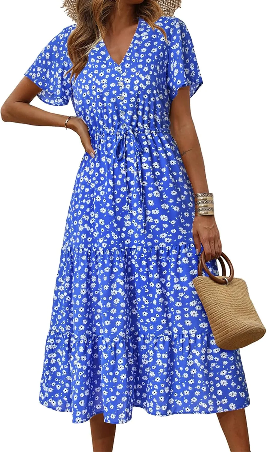 PRETTYGARDEN Summer Floral Dress for Women 2025 Casual Boho Short Sleeve Maxi Dresses V Neck Tiered Flowy Beach Sundress