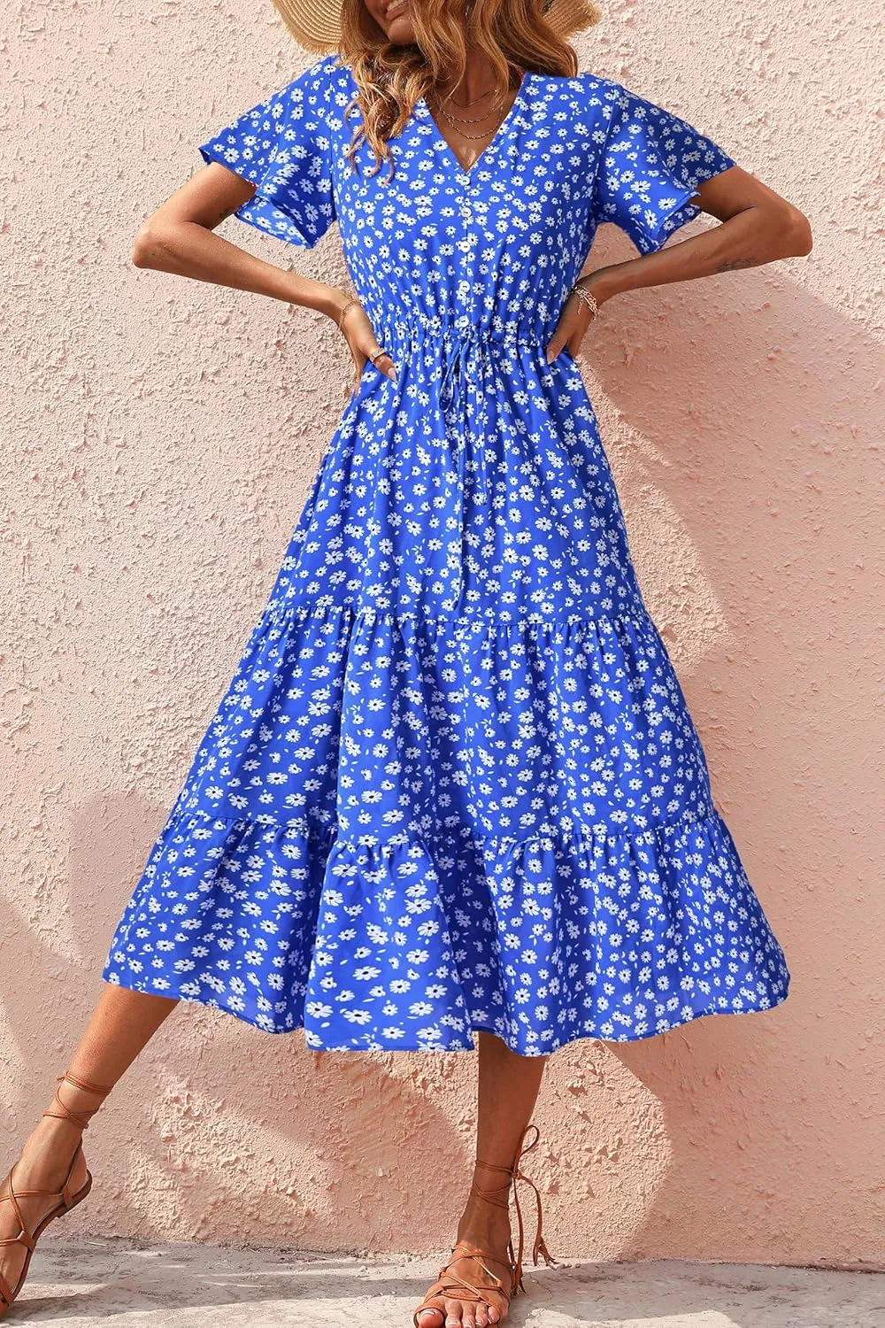 PRETTYGARDEN Summer Floral Dress for Women 2025 Casual Boho Short Sleeve Maxi Dresses V Neck Tiered Flowy Beach Sundress