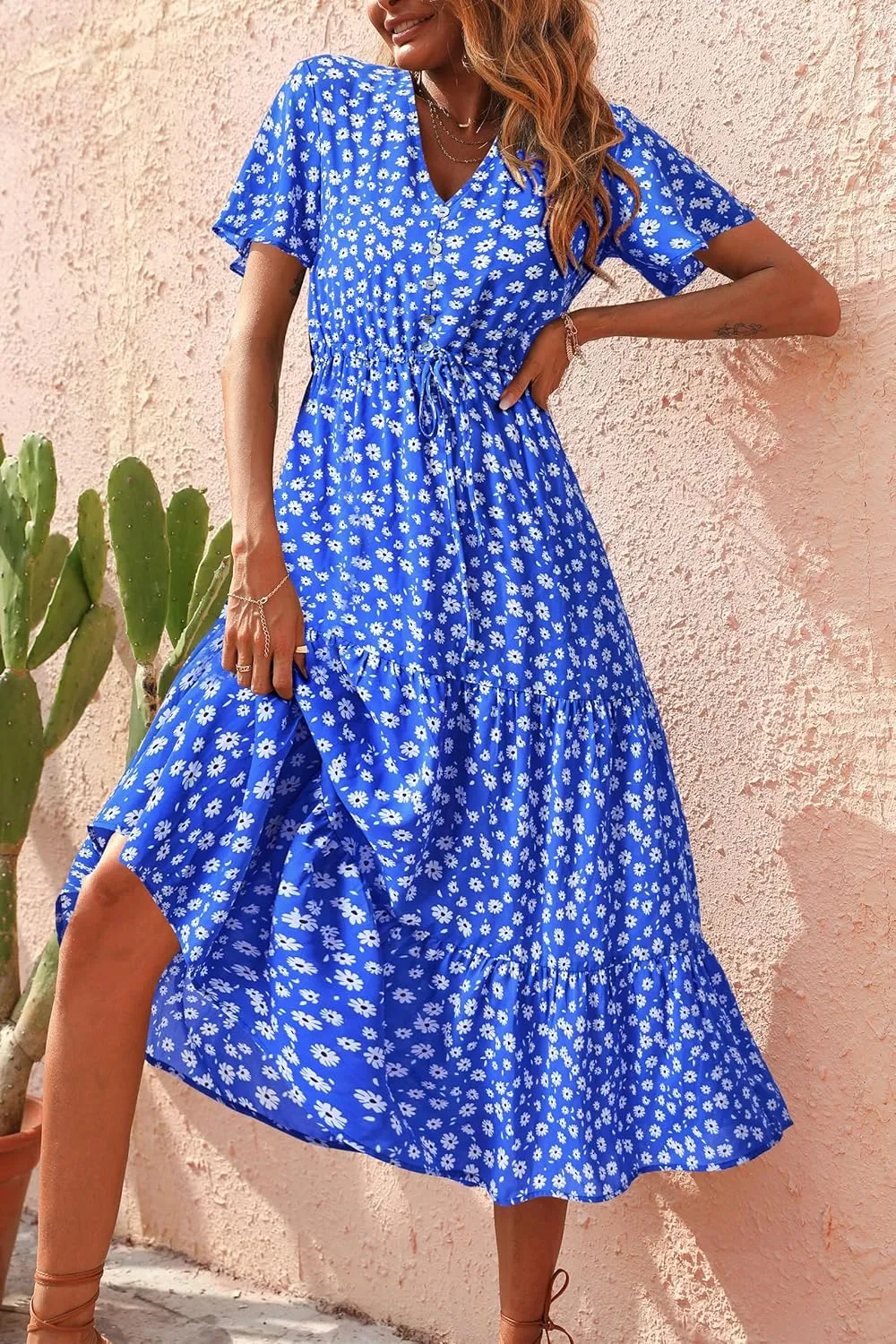 PRETTYGARDEN Summer Floral Dress for Women 2025 Casual Boho Short Sleeve Maxi Dresses V Neck Tiered Flowy Beach Sundress