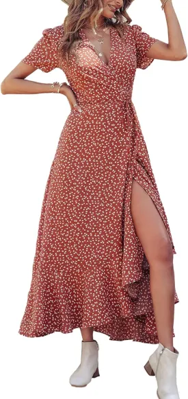 PRETTYGARDEN Women's Summer Maxi Dress Casual Wrap Floral Boho Short Sleeve V Neck Split Ruffle Beach Long Dresses