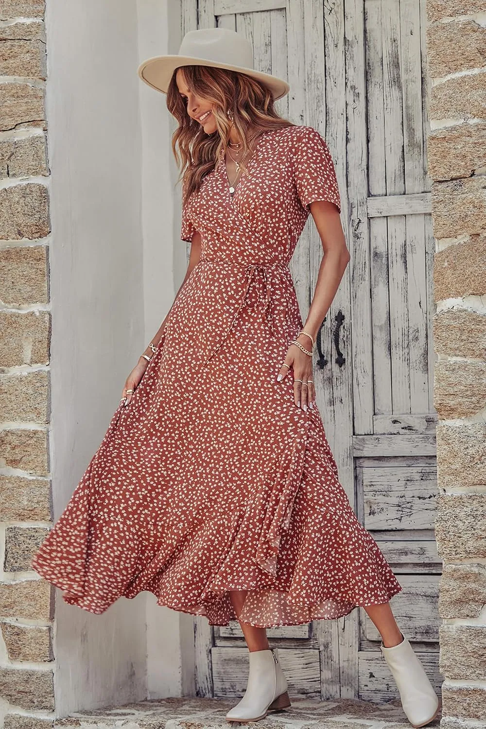 PRETTYGARDEN Women's Summer Maxi Dress Casual Wrap Floral Boho Short Sleeve V Neck Split Ruffle Beach Long Dresses