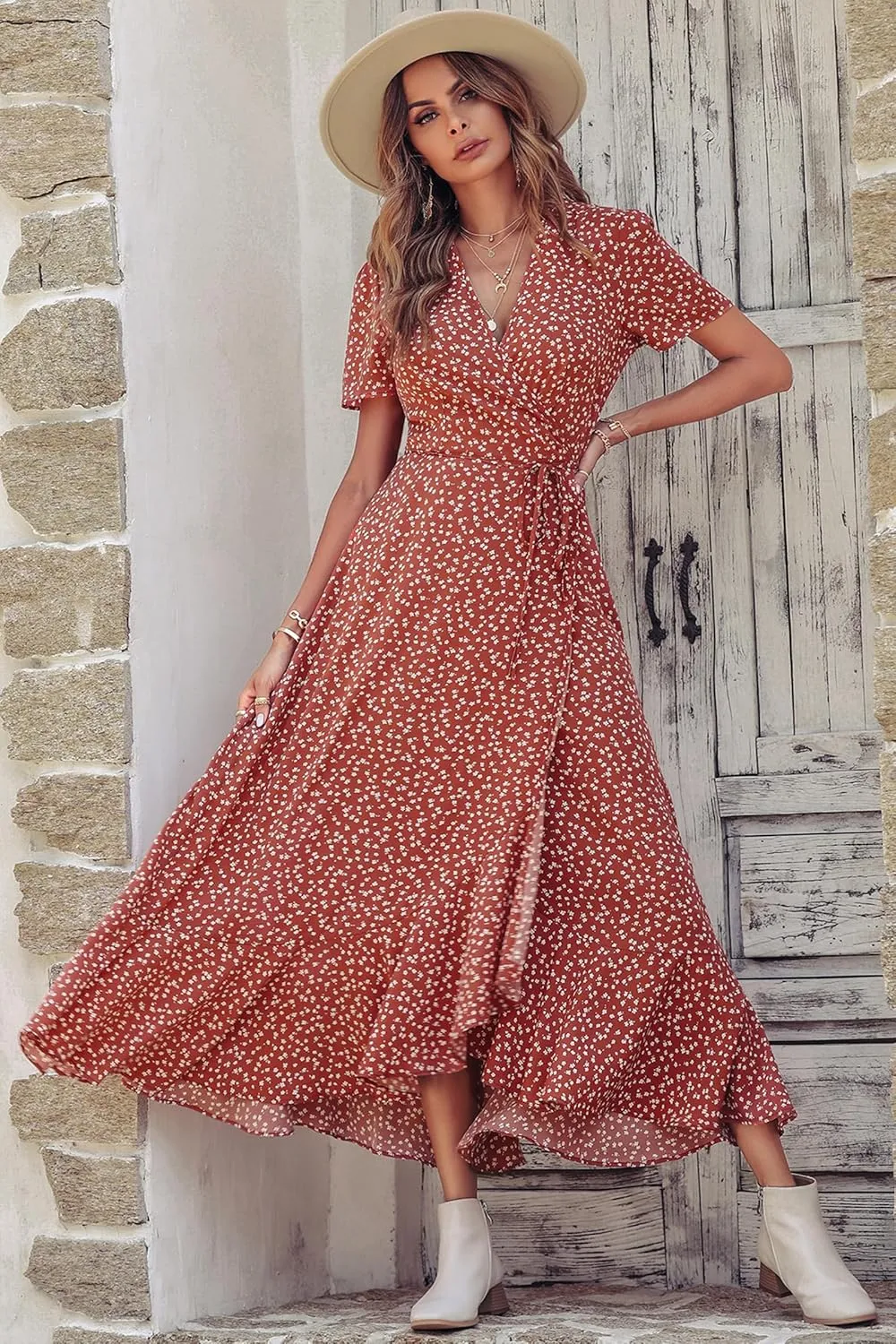 PRETTYGARDEN Women's Summer Maxi Dress Casual Wrap Floral Boho Short Sleeve V Neck Split Ruffle Beach Long Dresses
