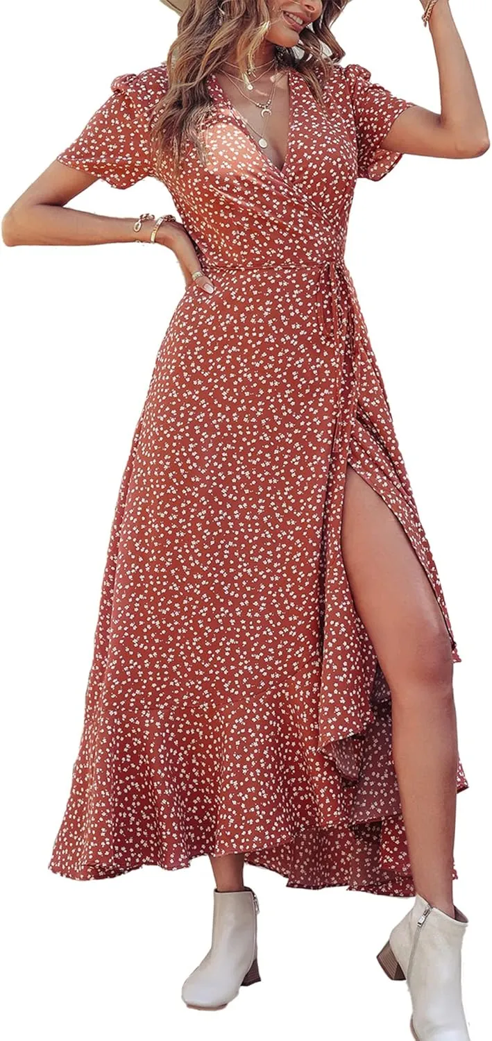 PRETTYGARDEN Women's Summer Maxi Dress Casual Wrap Floral Boho Short Sleeve V Neck Split Ruffle Beach Long Dresses