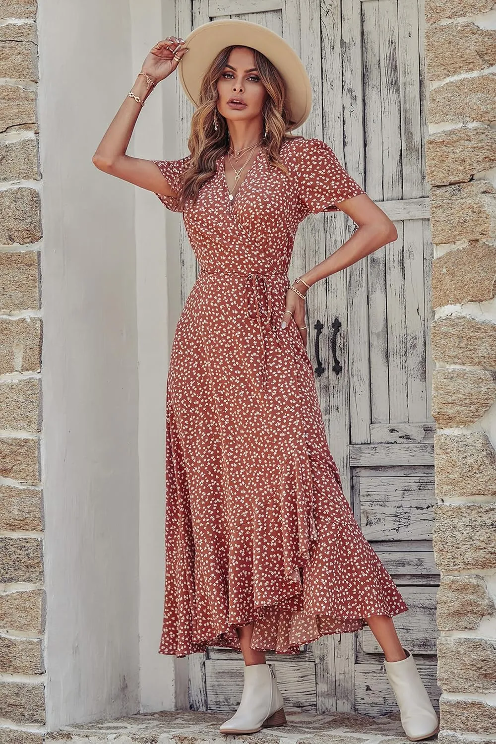 PRETTYGARDEN Women's Summer Maxi Dress Casual Wrap Floral Boho Short Sleeve V Neck Split Ruffle Beach Long Dresses