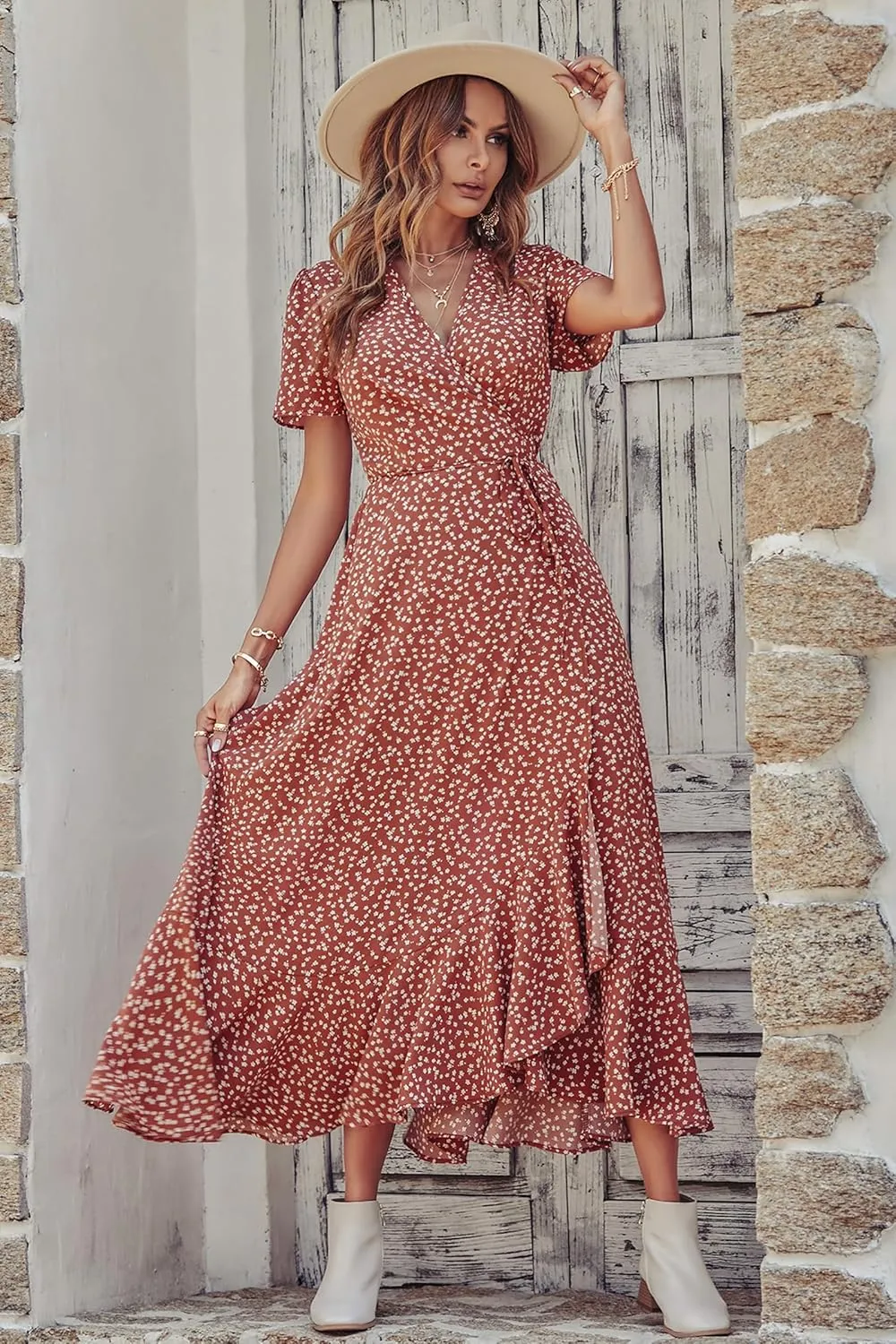 PRETTYGARDEN Women's Summer Maxi Dress Casual Wrap Floral Boho Short Sleeve V Neck Split Ruffle Beach Long Dresses