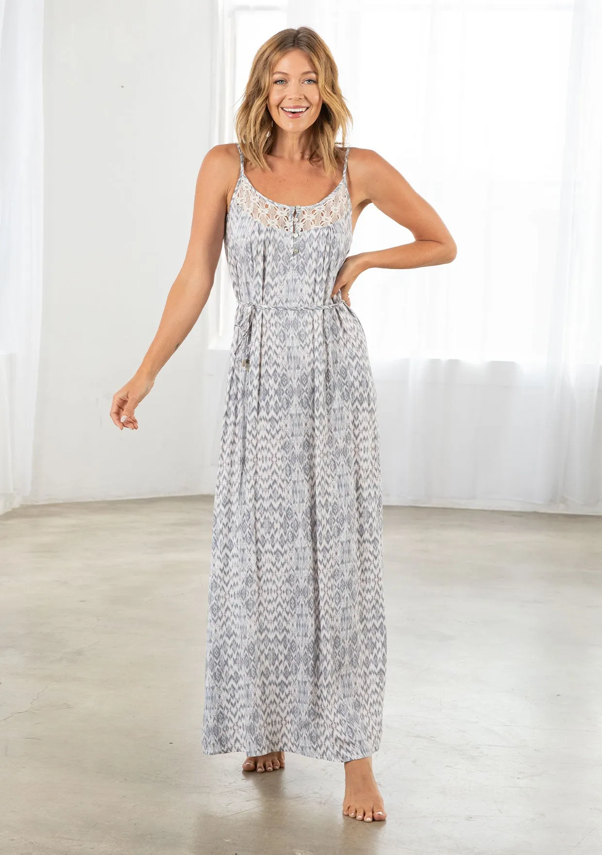Printed Lace Insert Spaghetti Strap Maxi Dress