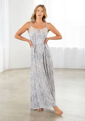 Printed Lace Insert Spaghetti Strap Maxi Dress