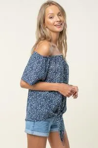 Printed off shoulder tie top