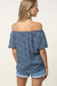 Printed off shoulder tie top