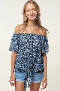 Printed off shoulder tie top