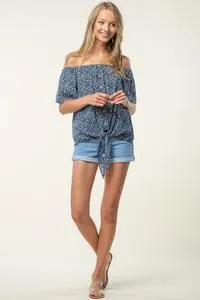 Printed off shoulder tie top