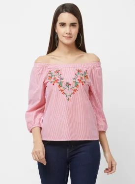 Red Off Shoulder Stripe Top With Embroidery