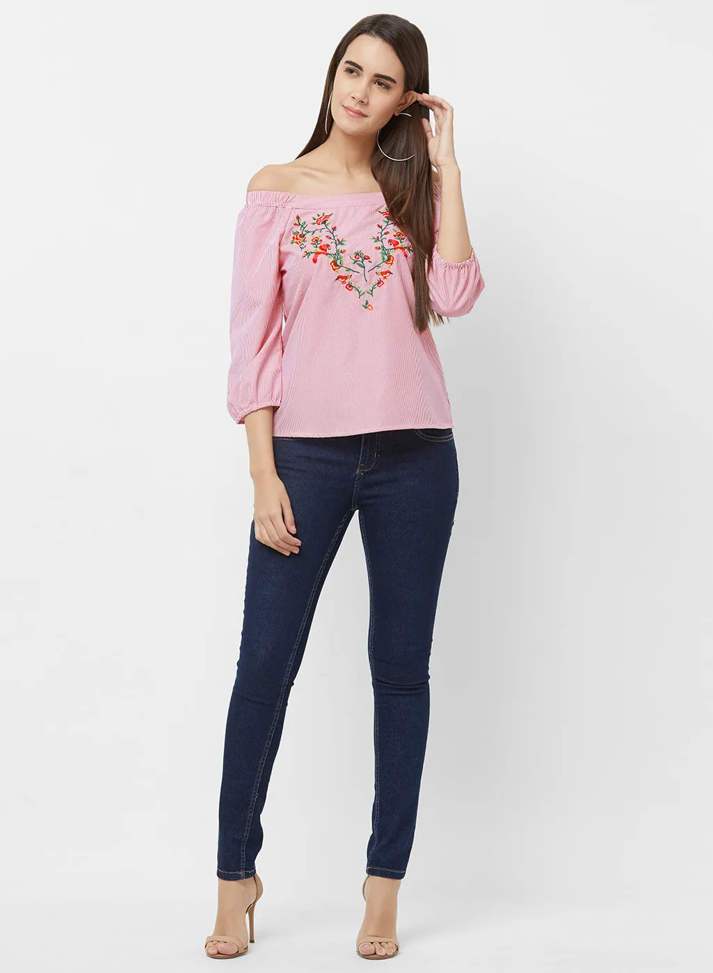 Red Off Shoulder Stripe Top With Embroidery