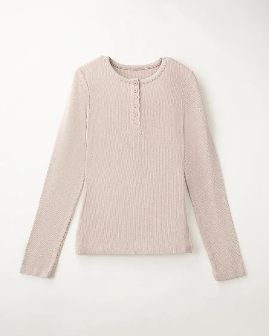 Ribbed Knit Henley Top | Long-Sleeve Shirt with 6 Buttons