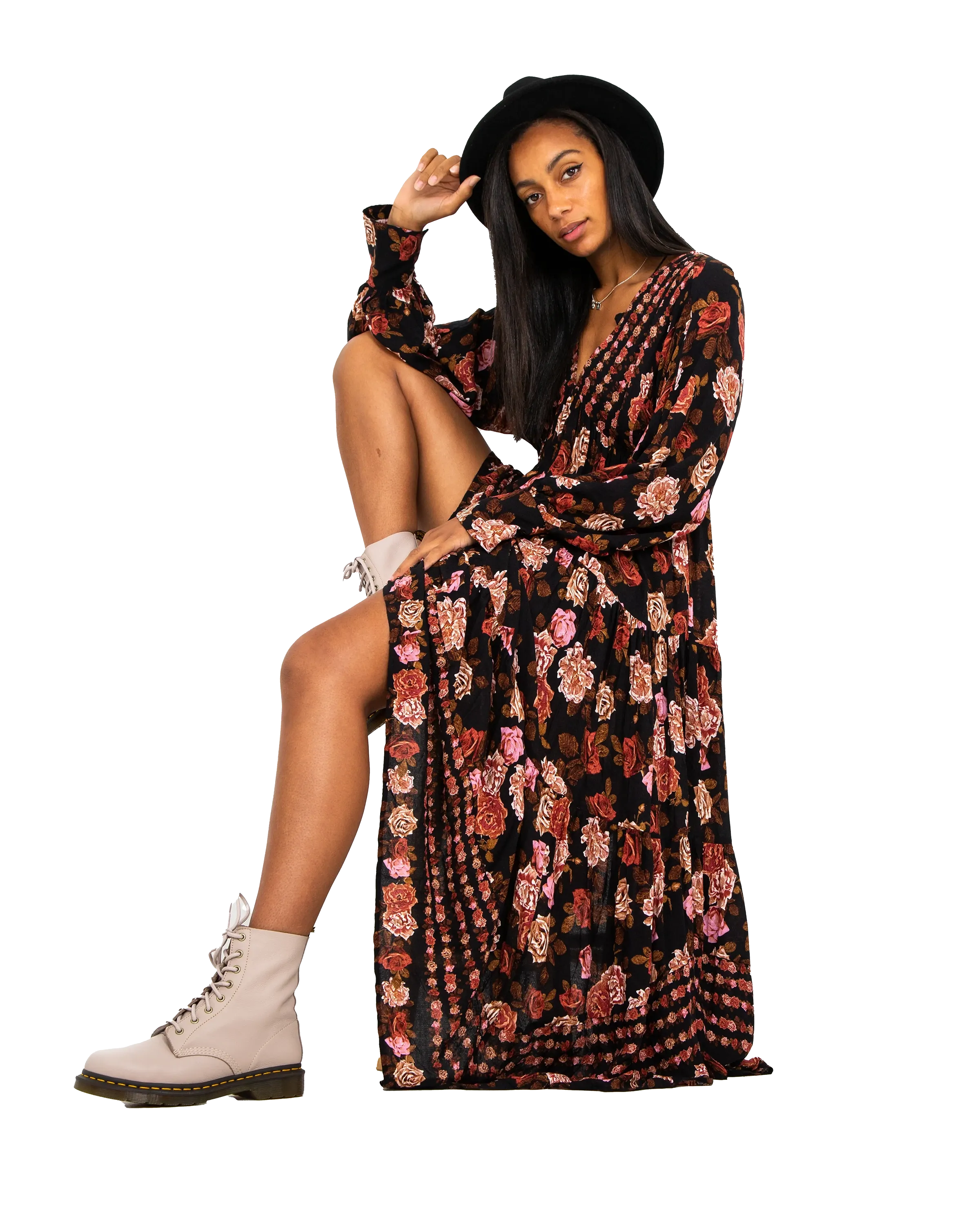 Rows Of Roses Maxi Dress in Black Combo