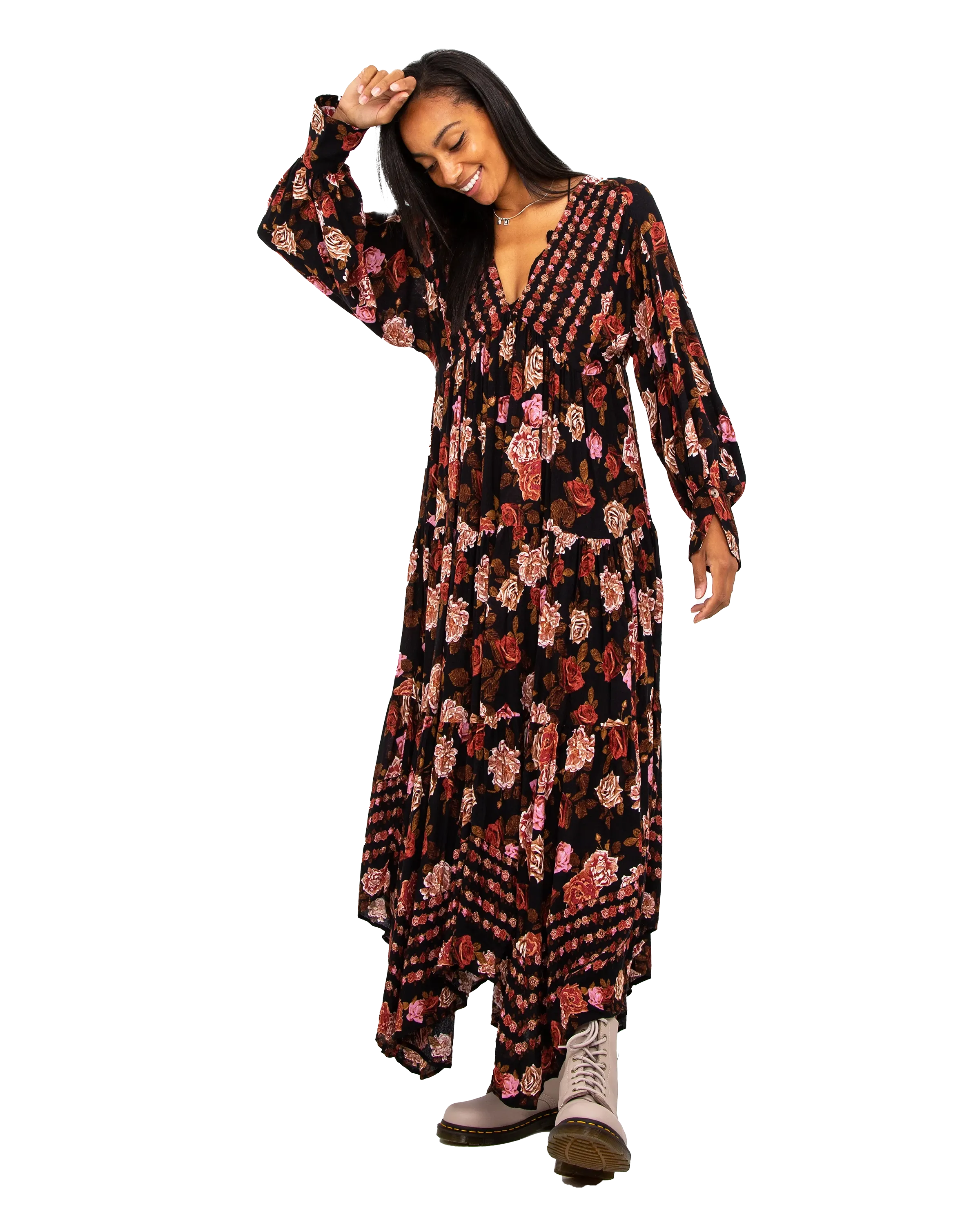 Rows Of Roses Maxi Dress in Black Combo