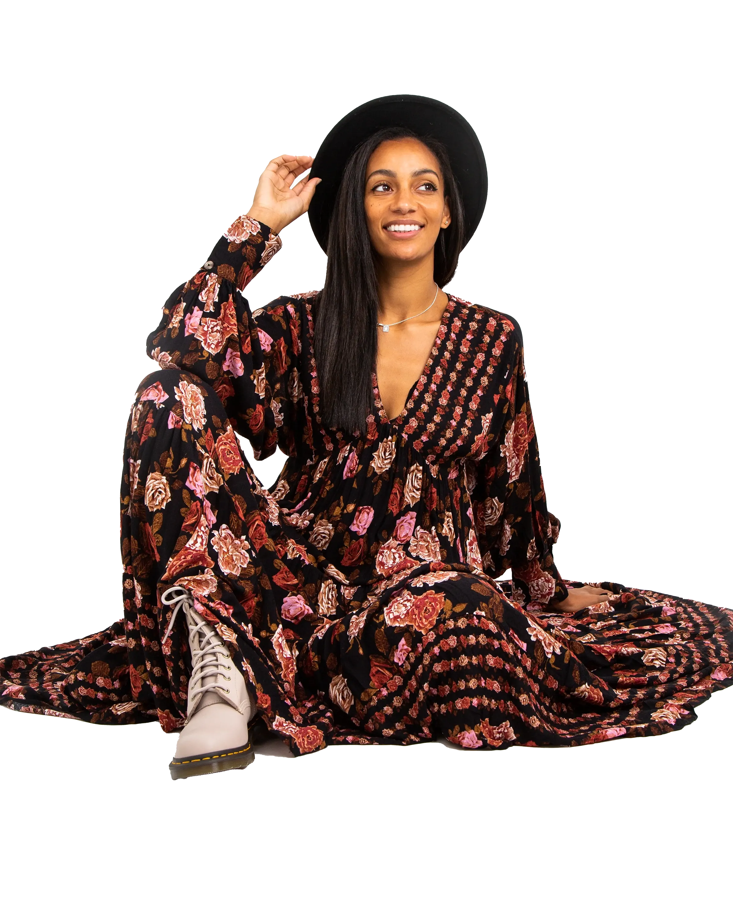 Rows Of Roses Maxi Dress in Black Combo