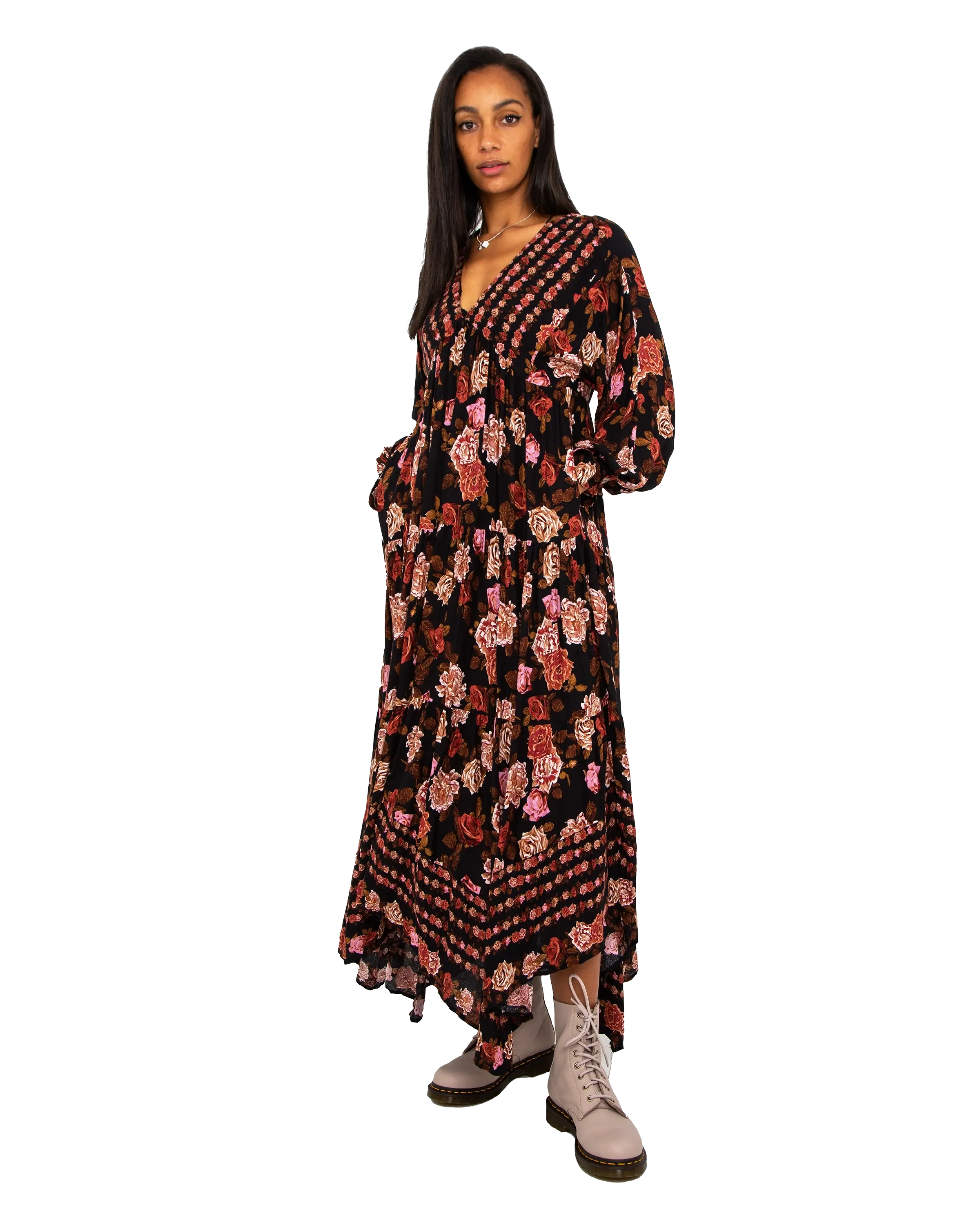 Rows Of Roses Maxi Dress in Black Combo