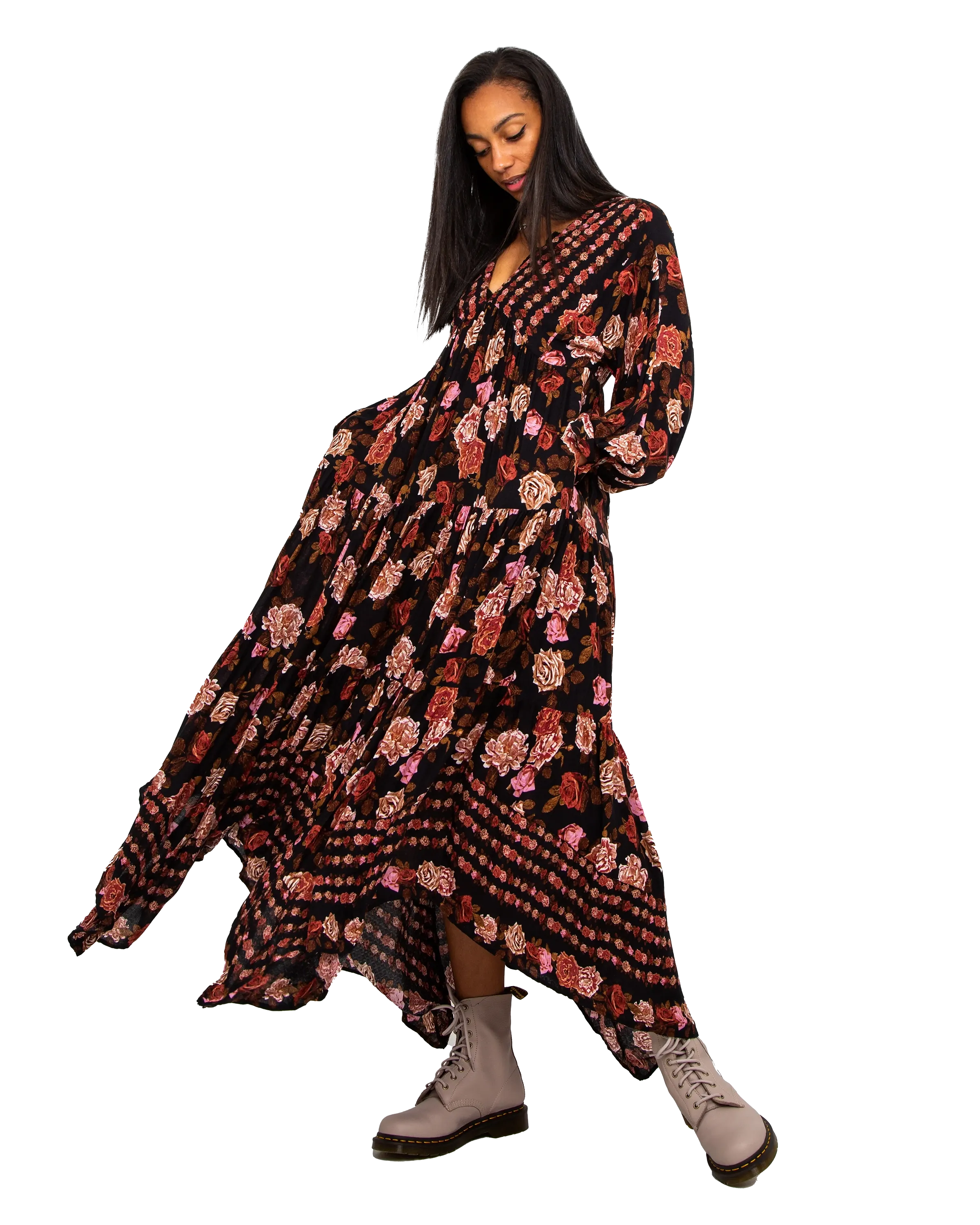 Rows Of Roses Maxi Dress in Black Combo