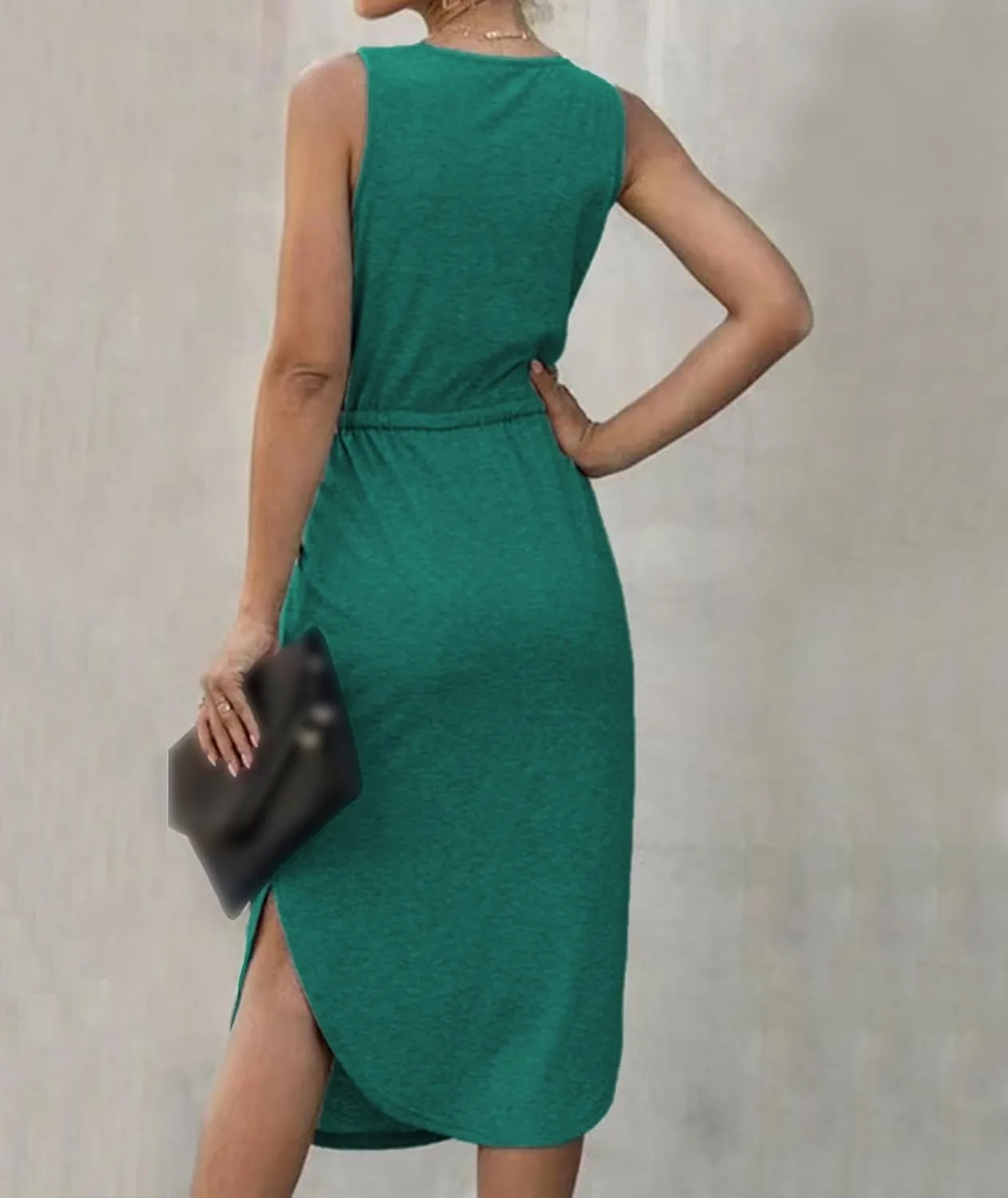 Sexyshine Women's V Neck Sleeveless Casual T Shirt Tank Dress Drawstring High Waist Side Slit Irregular Dress with Pockets