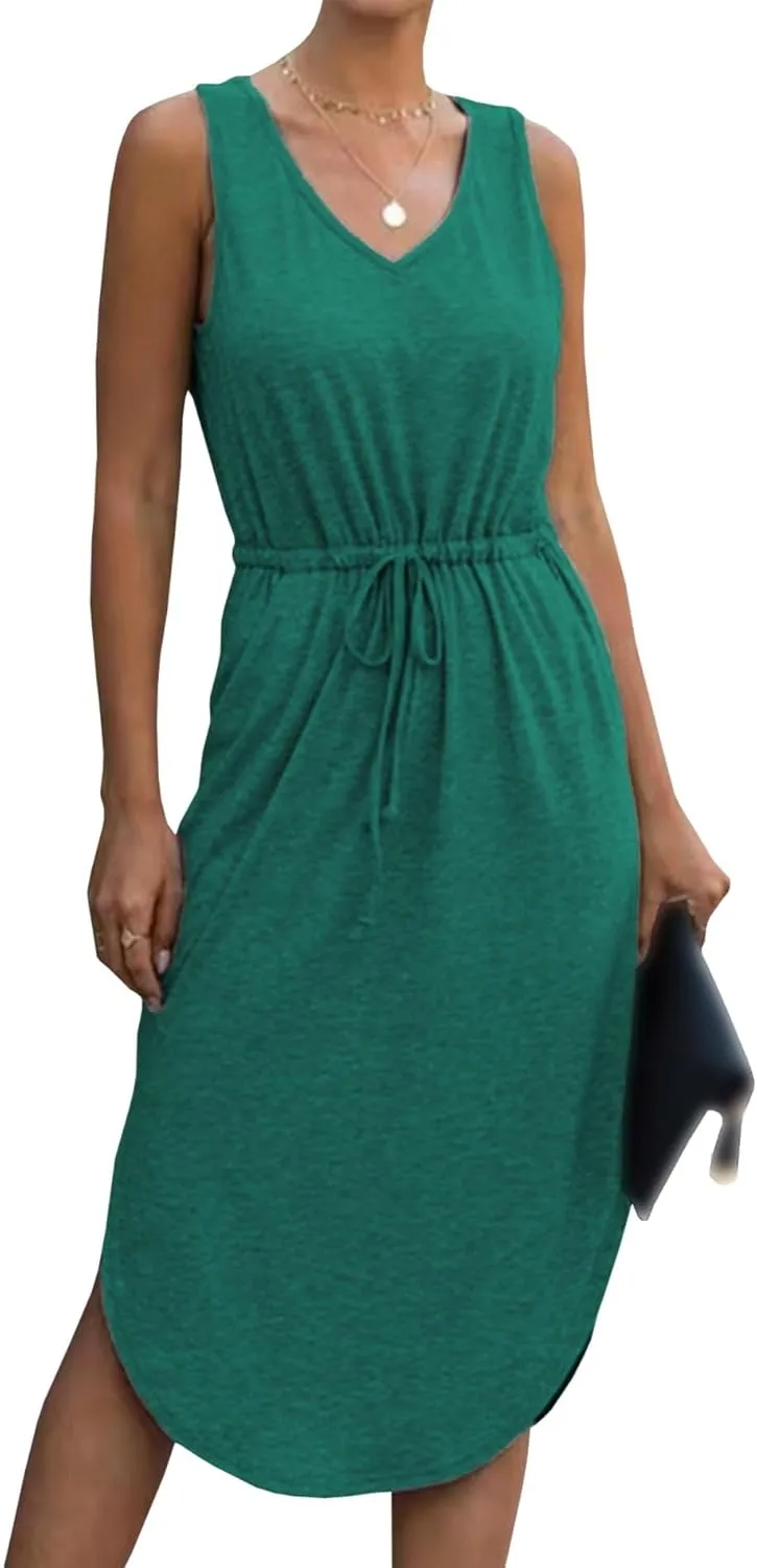 Sexyshine Women's V Neck Sleeveless Casual T Shirt Tank Dress Drawstring High Waist Side Slit Irregular Dress with Pockets