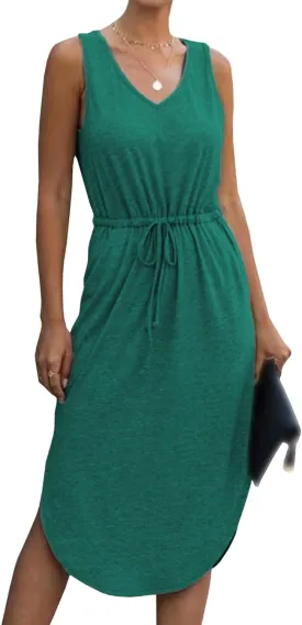 Sexyshine Women's V Neck Sleeveless Casual T Shirt Tank Dress Drawstring High Waist Side Slit Irregular Dress with Pockets