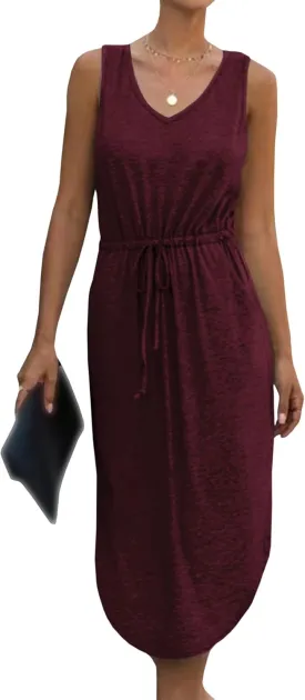 Sexyshine Women's V Neck Sleeveless Casual T Shirt Tank Dress Drawstring High Waist Side Slit Irregular Dress with Pockets