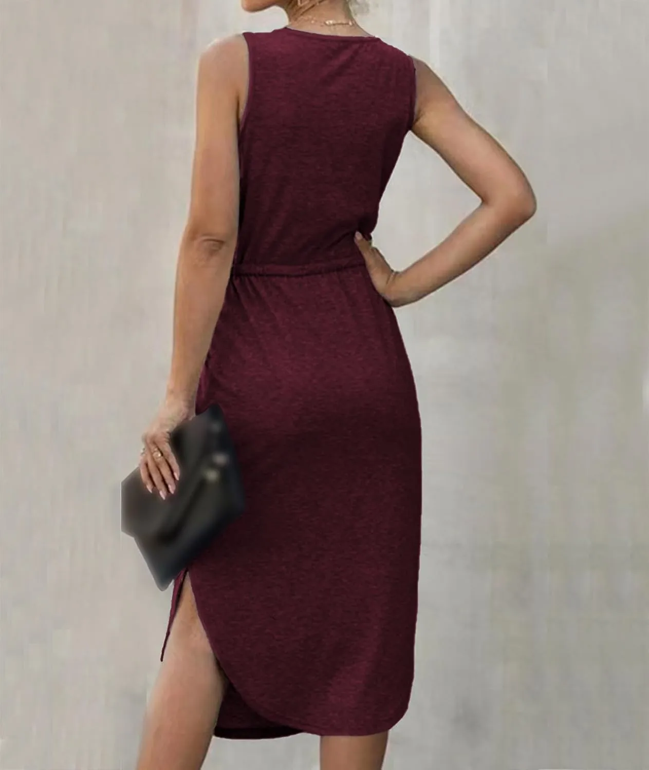 Sexyshine Women's V Neck Sleeveless Casual T Shirt Tank Dress Drawstring High Waist Side Slit Irregular Dress with Pockets