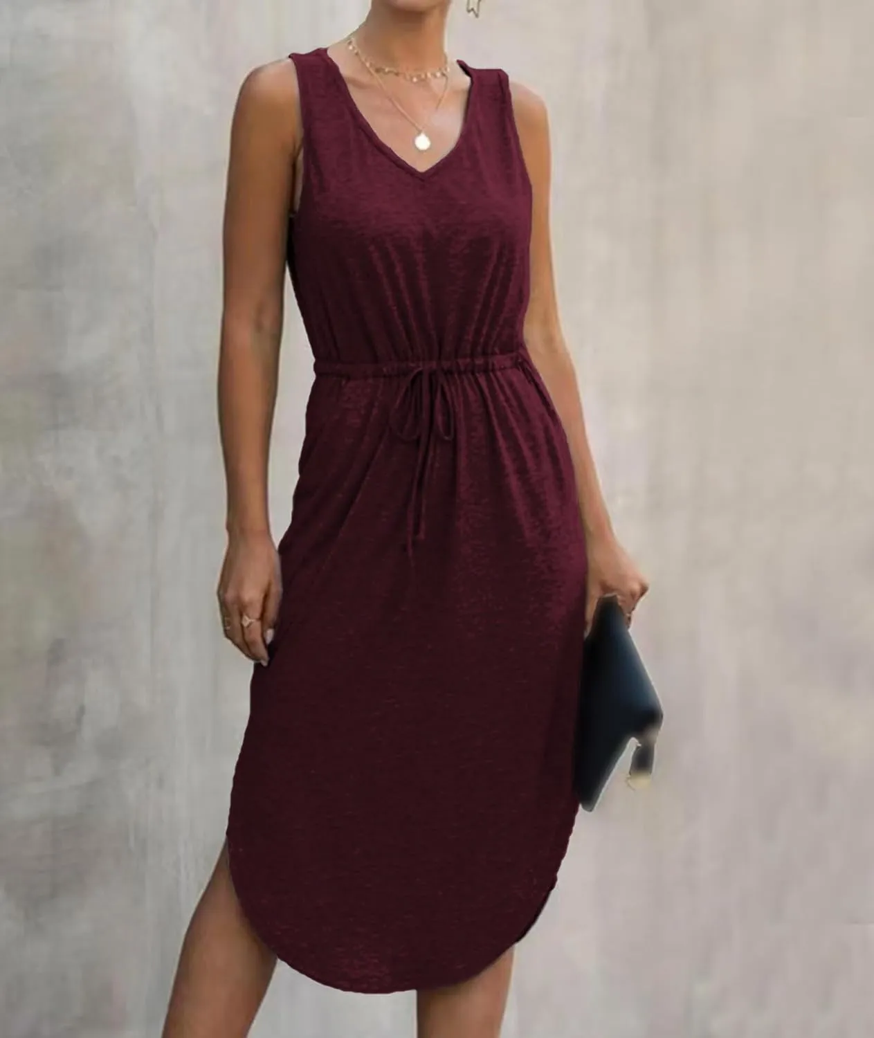 Sexyshine Women's V Neck Sleeveless Casual T Shirt Tank Dress Drawstring High Waist Side Slit Irregular Dress with Pockets