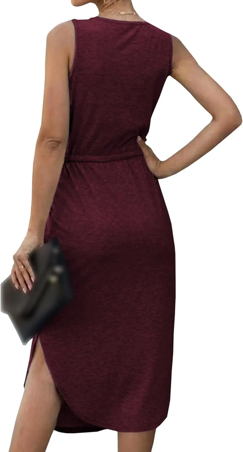 Sexyshine Women's V Neck Sleeveless Casual T Shirt Tank Dress Drawstring High Waist Side Slit Irregular Dress with Pockets