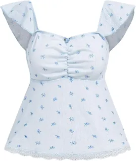SHENHE Women's Floral Lace Trim Sweetheart Neckline Cap Sleeve Ruffle Peplum Cute Top