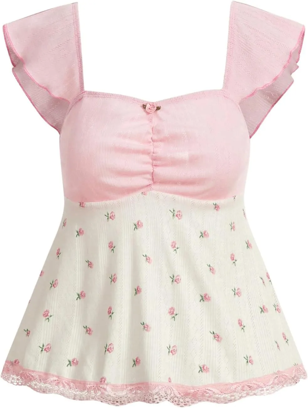 SHENHE Women's Floral Lace Trim Sweetheart Neckline Cap Sleeve Ruffle Peplum Cute Top
